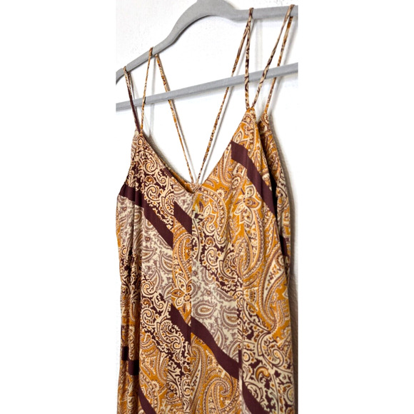Womens Strappy Jumpsuit 6 Gold Brown V Neck Wide Leg Paisley Boho Flowy Indie - Picture 3 of 12